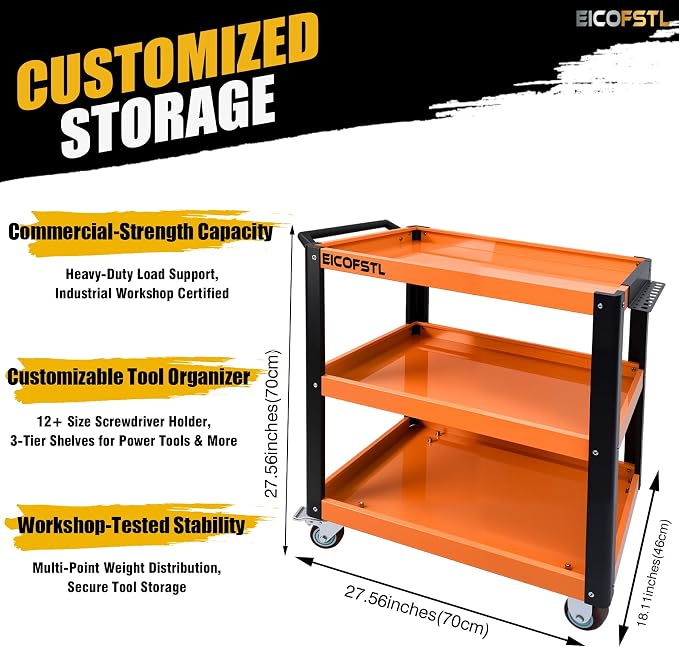Stainless Steel Tool Cart, Heavy-Duty 3-Tier Alloy Steel Utility Cart - Image 3