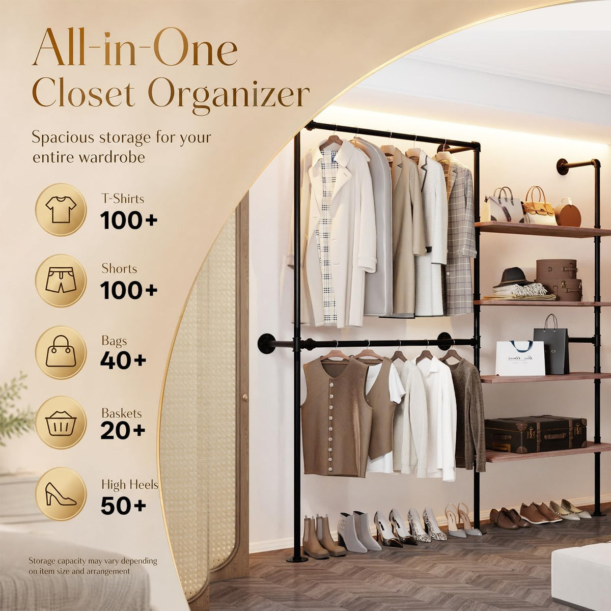 Wall Mounted Clothing Rack, Heavy Duty Pipe Closet, Pine Shelves