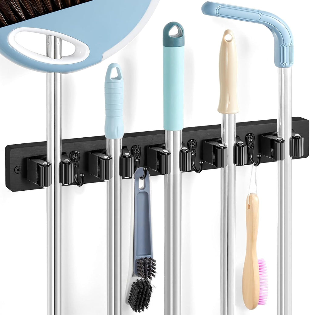 Black Broom Holder Wall Mount - Heavy Duty Wood Mop and Broom