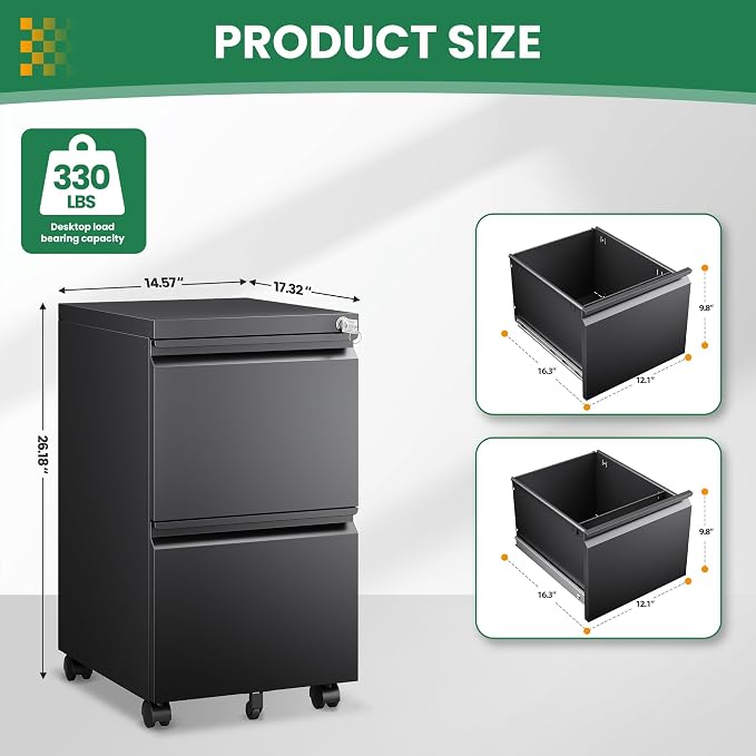 2 Drawer Locking Under Desk Metal Storage Cabinet on Wheels - Image 3
