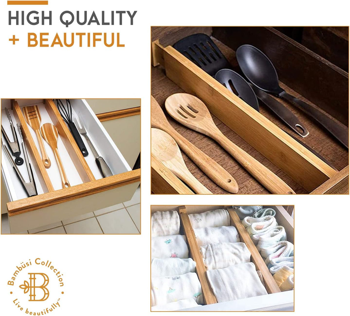 4-Pack Bamboo Drawer Dividers - 2.6 Inches High, Adjustable 12 to