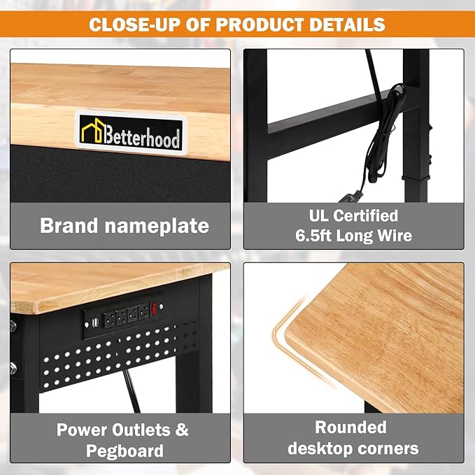 Betterhood 60" Adjustable Workbench on Wheels, Rubber Wood Heavy Duty - Image 7