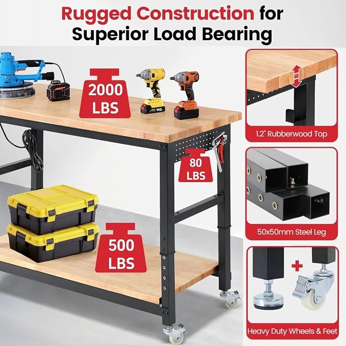 Work Bench with Double Layers 60 x 22 Inch Heavy Duty Rubberwood Tabletop Work - Image 2