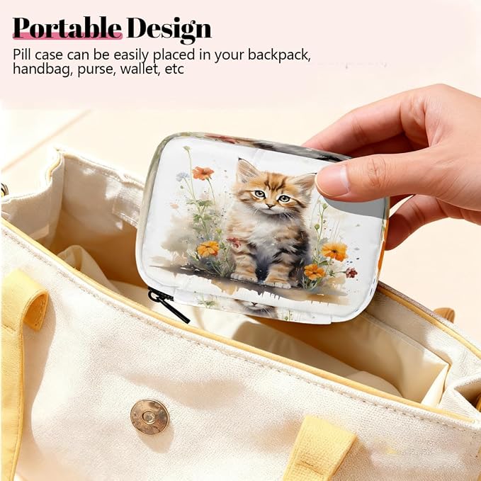Watercolor Lovely Cat Flower Pill Organizer Travel Medicine Case - Image 6