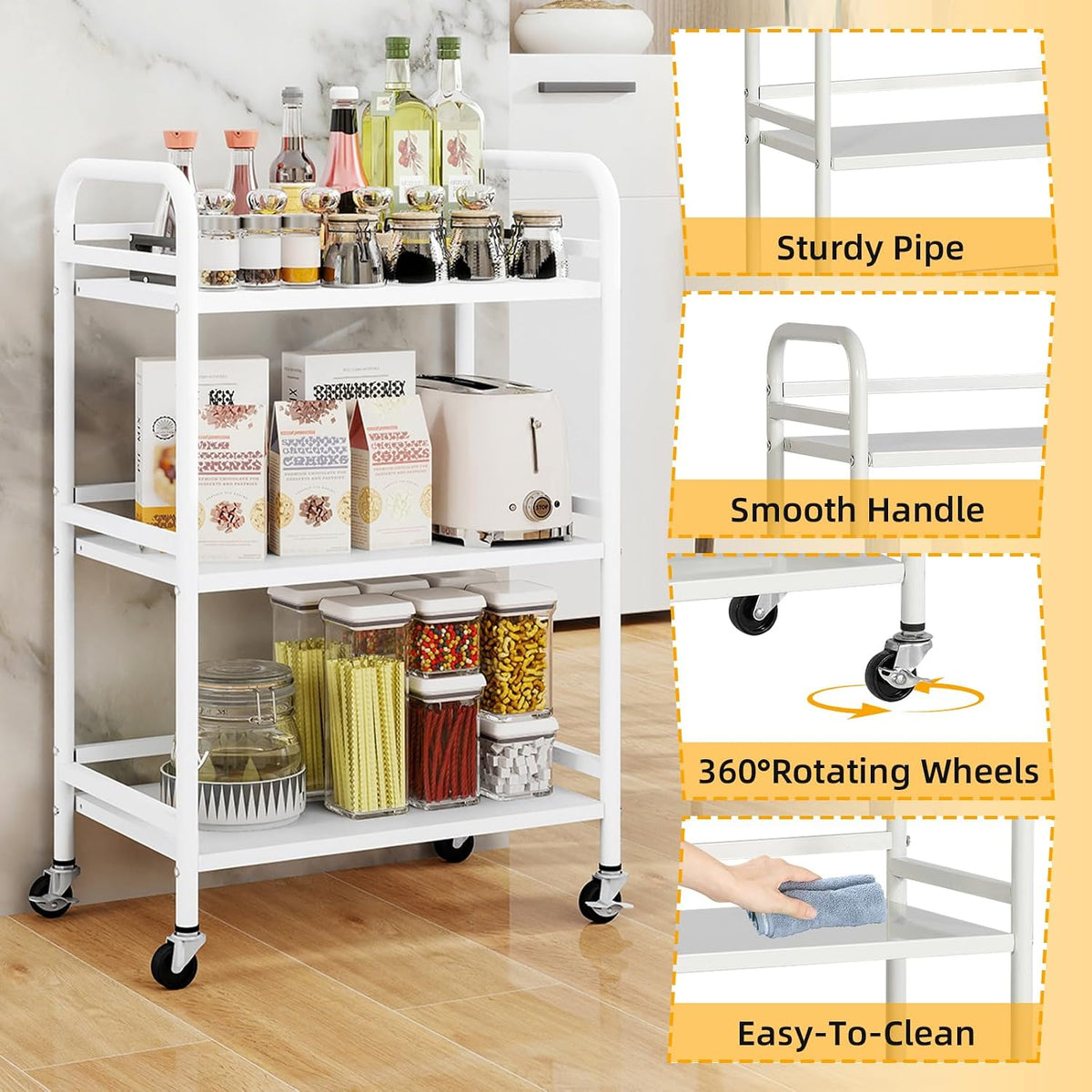 3 Tier Rolling Cart Shelves,Heavy Duty Multifunctional Metal