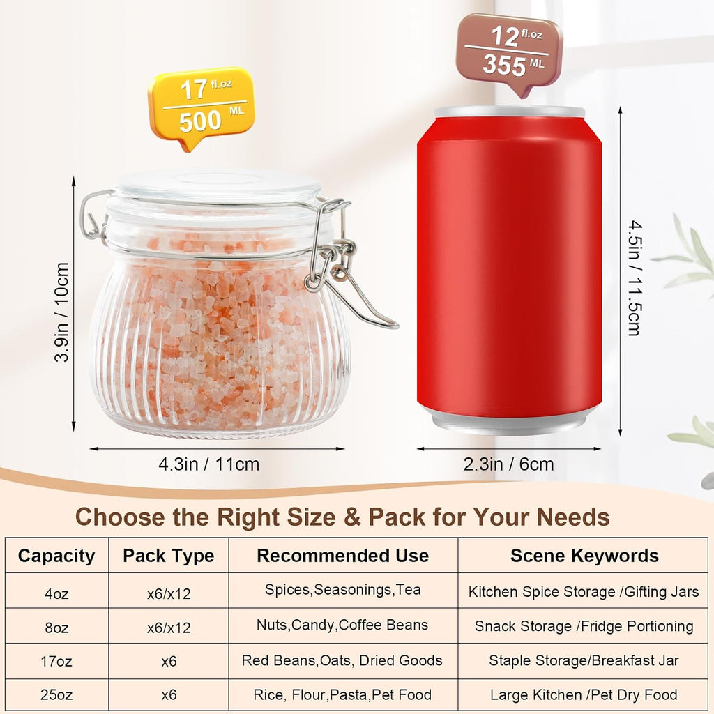 17oz Airtight Glass Jar with Lid, 6 Pack Clamp Lid Glass Storage Jars