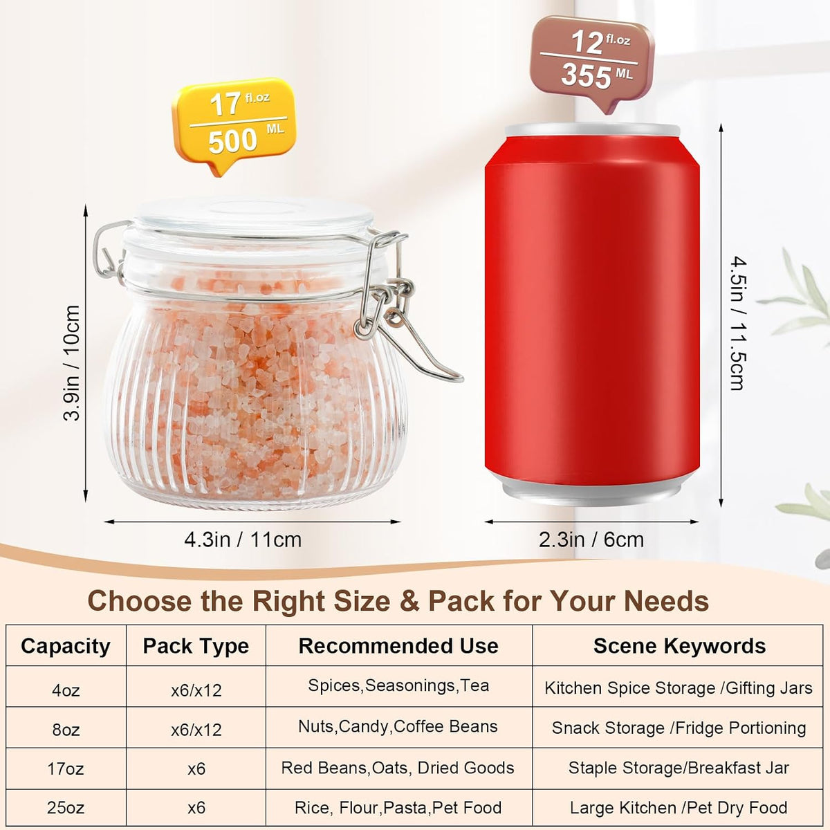 17oz Airtight Glass Jar with Lid, 6 Pack Clamp Lid Glass Storage Jars