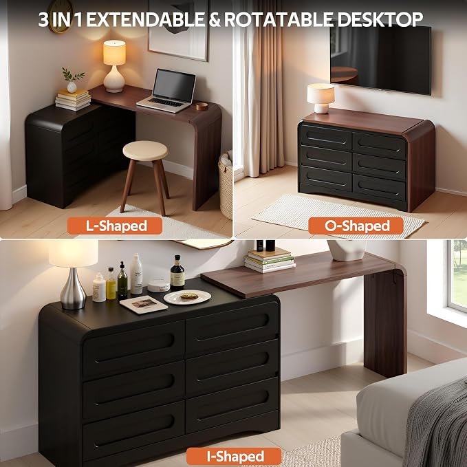 6 Drawer Dresser with Extendable Table, L-Shaped Desk Vanity Combo, Modern - Image 5