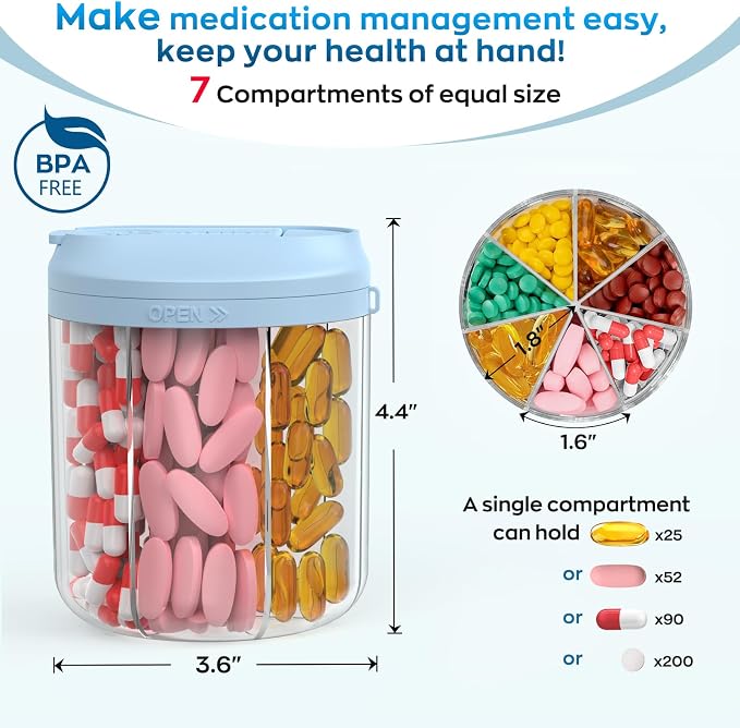 Pill Dispenser with 7 Large Compartments, 4.4" H x 3.6" Dia Pill Bottle - Image 2