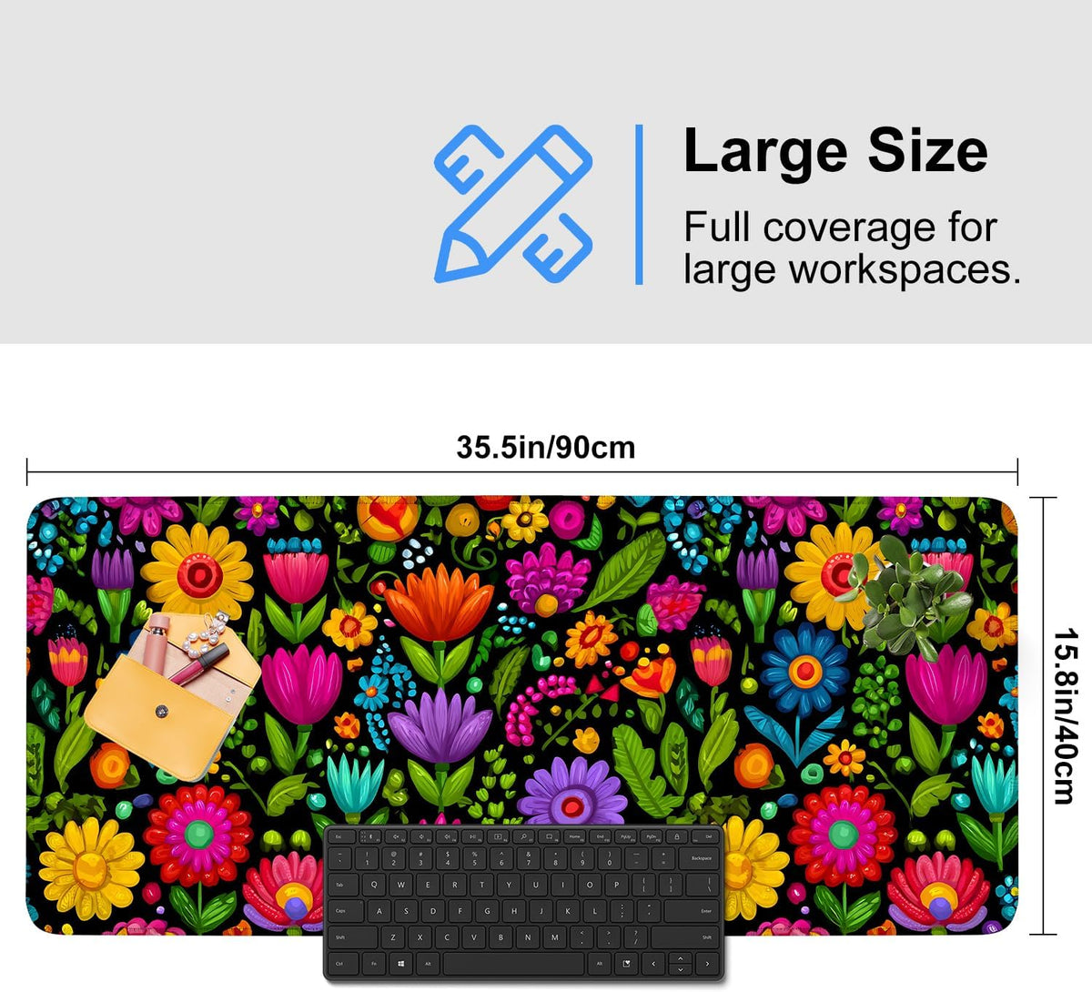 Folk Art Floral Mouse Pad – Large Extended Desk Mat 35.43 x 15.75 in