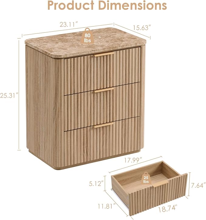Fluted Nightstand with 3 Drawers, Engineered Wood Bedside Table with Faux - Image 2