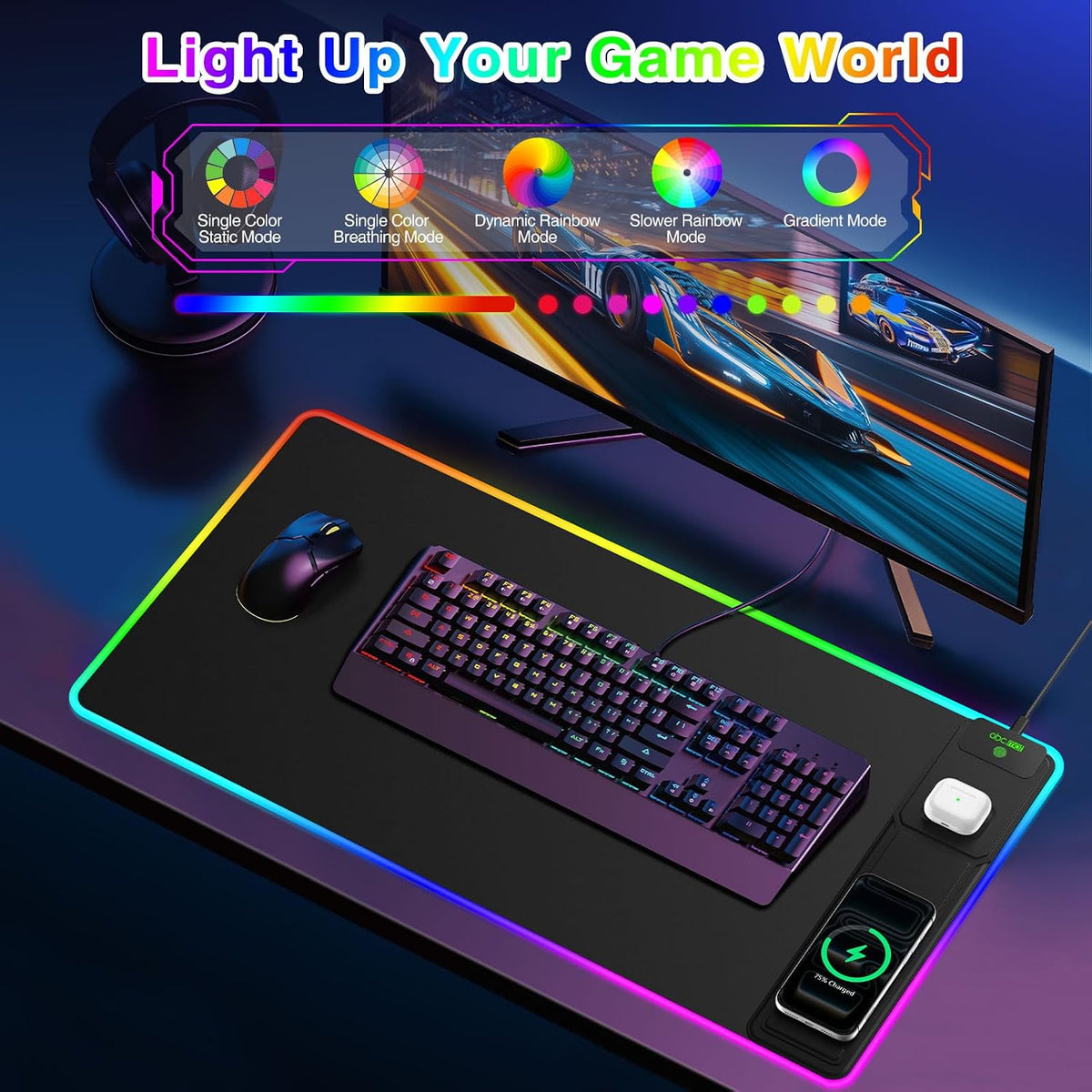 RGB Gaming Mouse Pad with Magnetic Wireless Charging & Foldable Phone