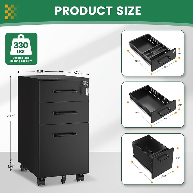 3 Drawer Slim File Cabinet, Mobile Filing Cabinet - Image 3