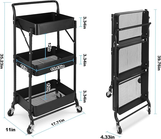 Foldable 3 Tier Metal Utility Rolling Cart, Folding Mobile Multi-Function - Image 5