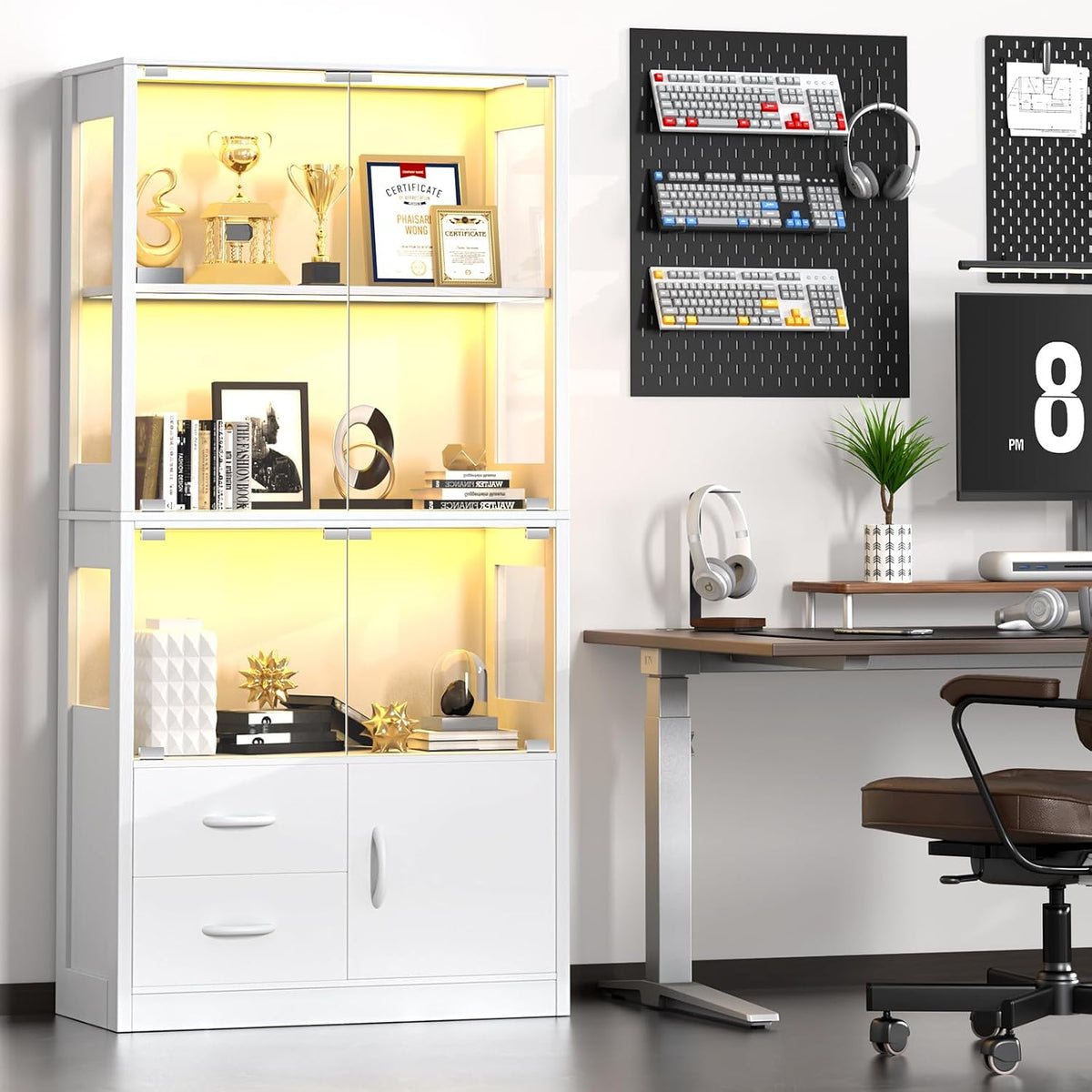 Display Cabinet with Glass Doors and 2 Drawers, 3-Color Lights, White