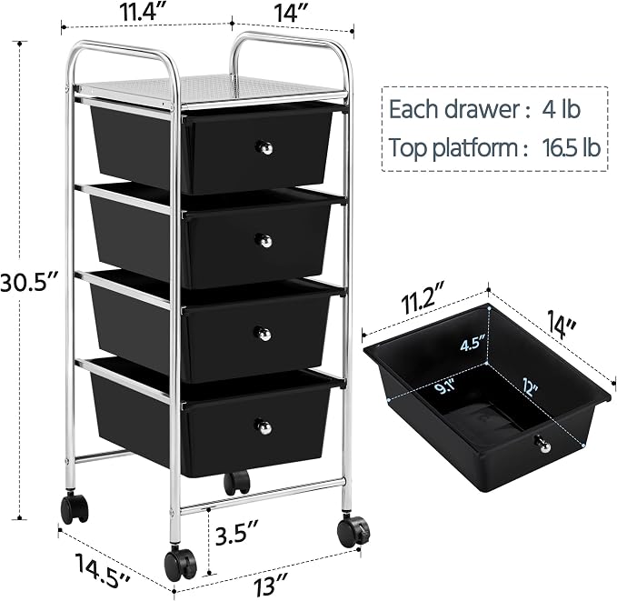 Yaheetech 4 Drawers Cart Rolling Storage Organizer Metal Frame Plastic Drawers - Image 3