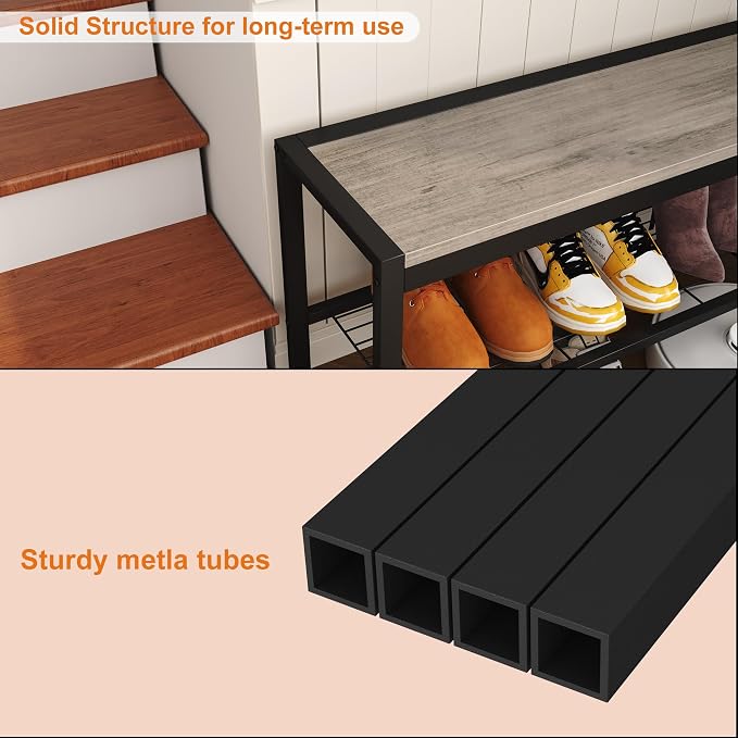 HOMEFORT 2 Tiers Shoe Bench, Retro Industrial Shoe Storage Bench - Image 7