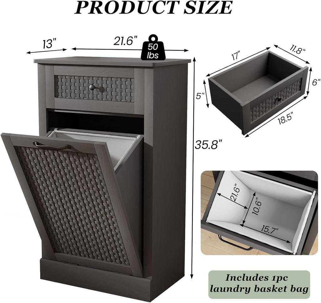 Tilt Out Laundry Hamper Cabinet, Rattan-Style Laundry Room