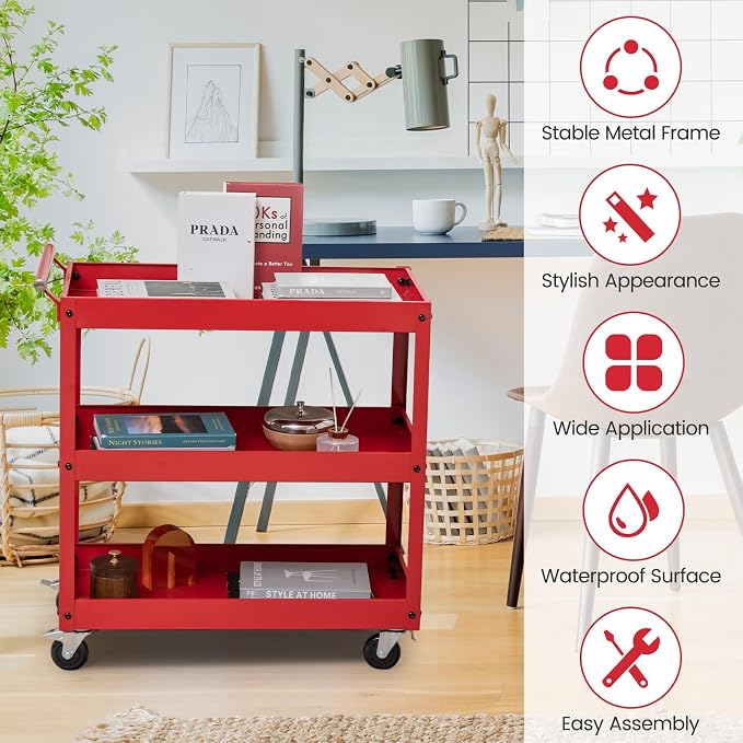 Goplus 3-Tier Utility Cart, Heavy Duty Commercial Service Tool Cart w/Lockable - Image 3