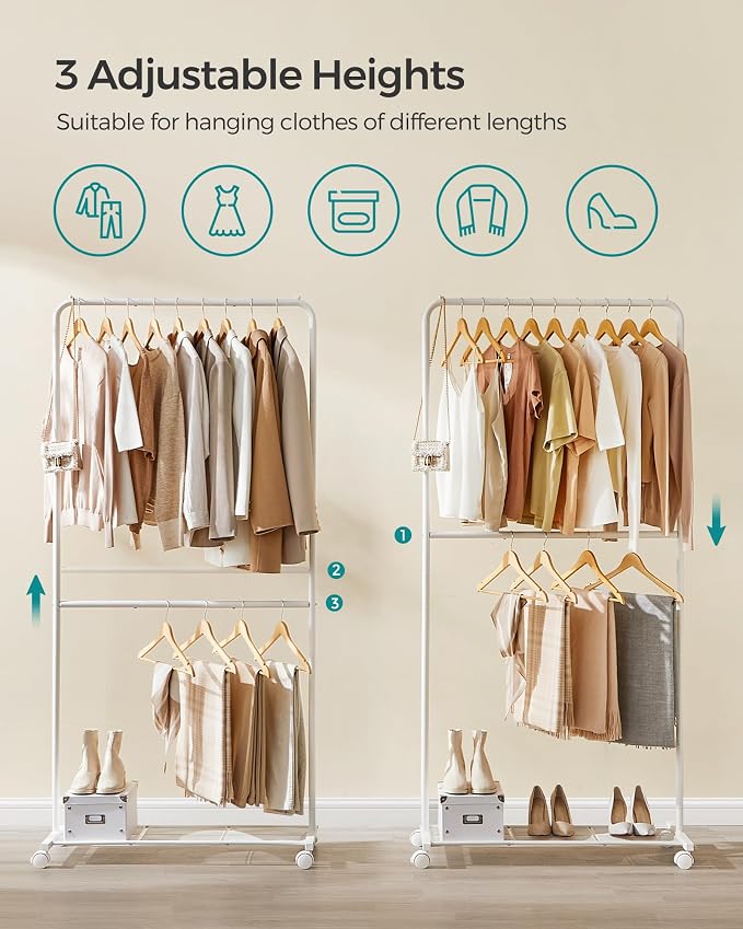 SONGMICS Clothes Rack with Wheels, Double-Rod Clothing Rack - Image 3