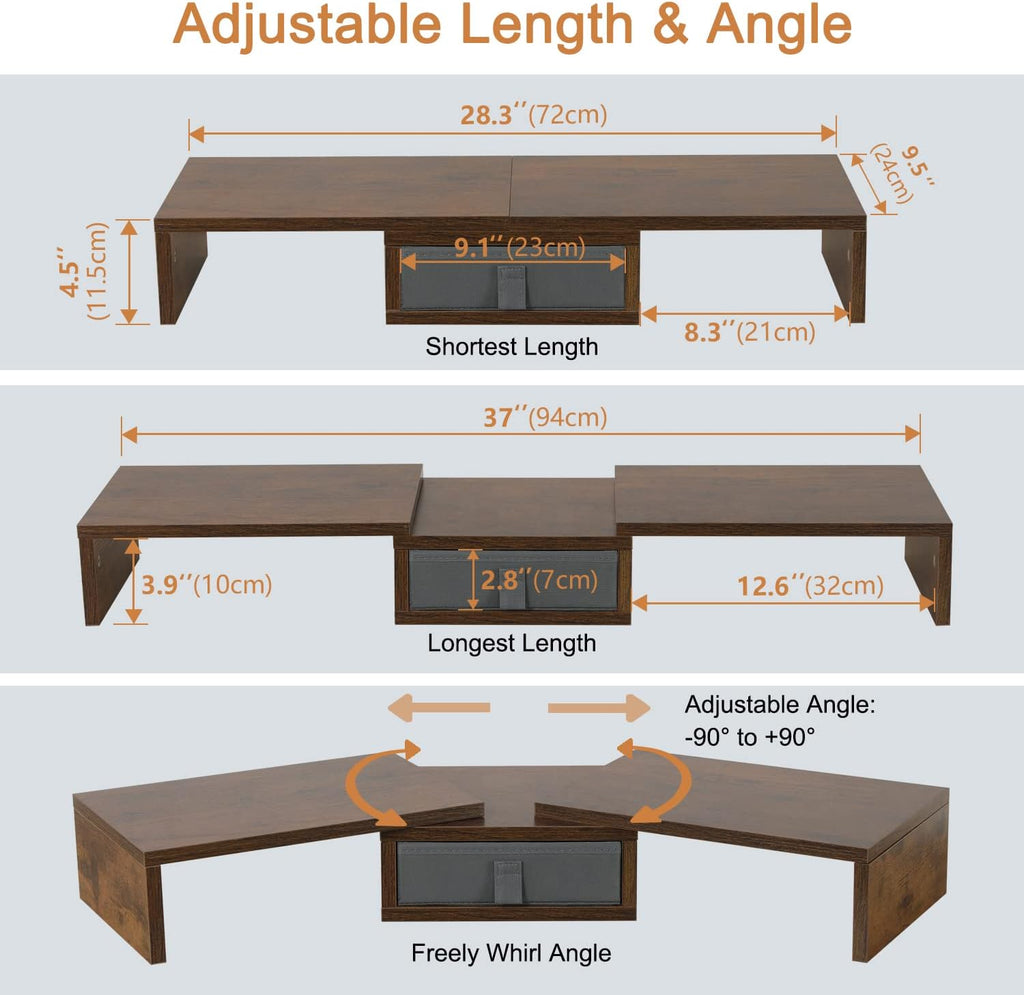 TEAMIX 3 Shelf Monitor Stand Riser With Drawer - Length and Angle