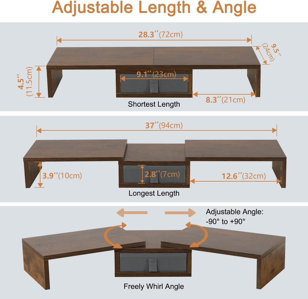 TEAMIX 3 Shelf Monitor Stand Riser With Drawer - Length and Angle