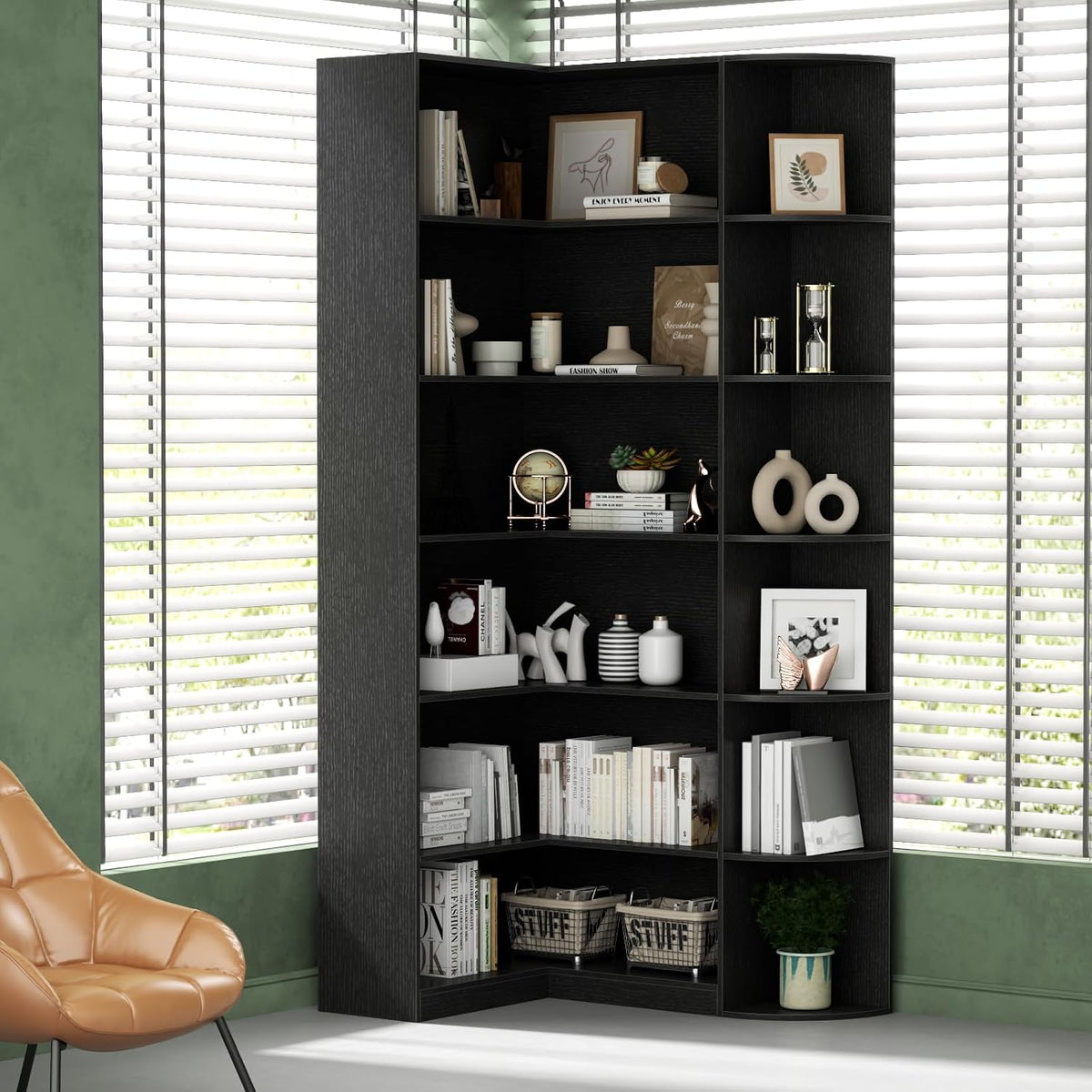 6-Tier Black Corner Bookshelf, 70.87" Tall L-Shaped Bookcase