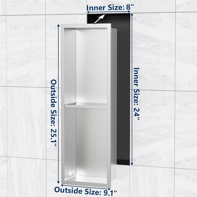 Stainless Steel Shower Niche 24" X 8", No Tile Needed Wall Niche Double Shelves - Image 2