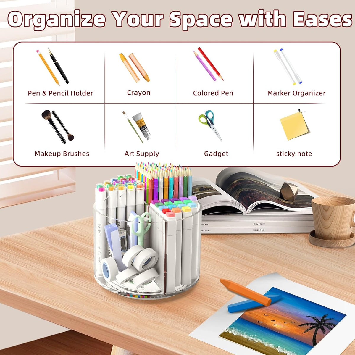 2 Pack Pen Pencil Holder for Kids, Rotating Pen Holder for Desk