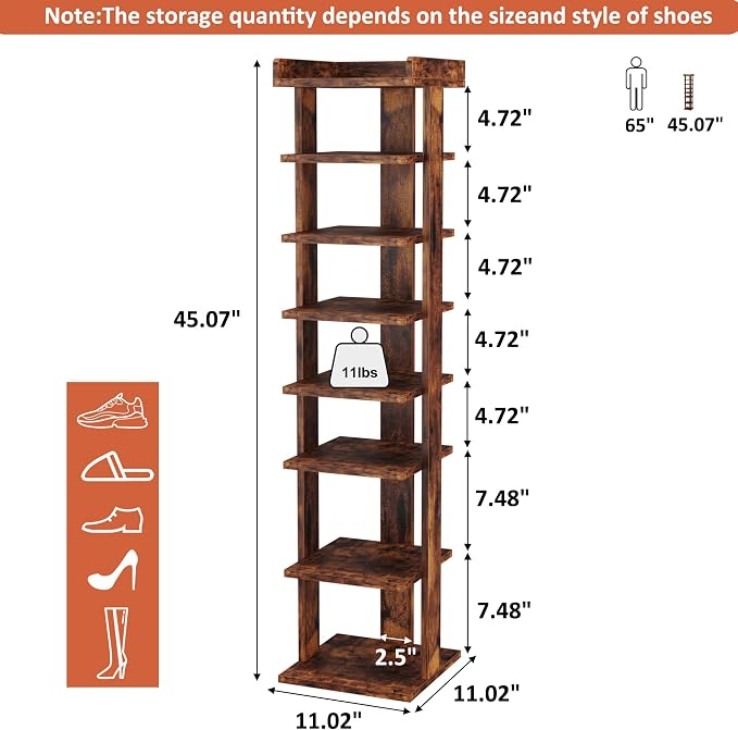 HOMEFORT 7-Tier Wood Shoe Rack, Entryway Shoe Tower, Vertical Shoe Organizer - Image 3