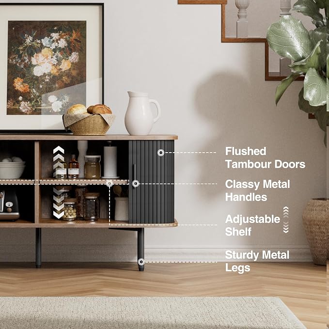 55''W Black Cabinet with Storage, Media Console, Tambour TV Stand, Television - Image 6