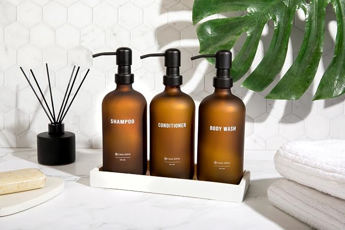 Frosted Amber Glass Shampoo and Conditioner Dispenser Set – Refillable 16 OZ - Image 2