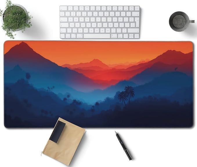 Twilight Mountain Palm Trees Large Mouse Pad, Vintage Aesthetic Gaming Desk Mat by Unknown