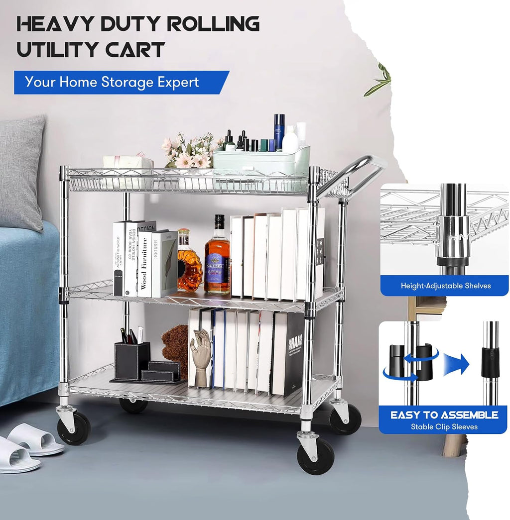YNN Chrome Utility Rolling Cart,990Lbs 3 Tier Heavy Duty Metal Cart