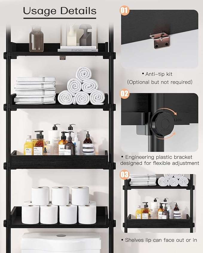ALLZONE 4 Tier Over The Toilet Storage, Adjustable Wood Over Toilet Bathroom - Image 3
