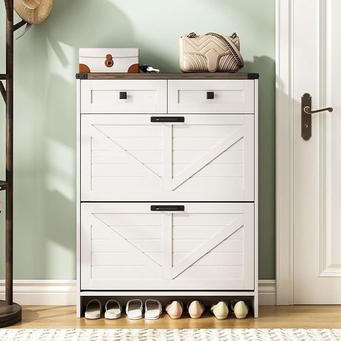 Shoe Cabinet with 2 Flip Drawers & 2 Drawers, Farmhouse Shoe Storage Cabinet - Image 7