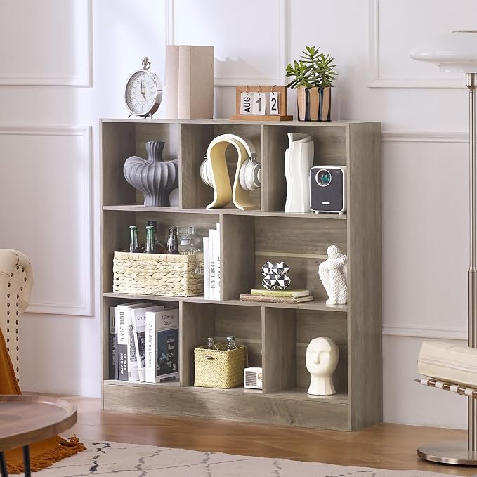 LEYAOYAO 8 Cube Bookshelf with Base, 3 Tier Mid-Century Modern Grey Bookcase - Image 8