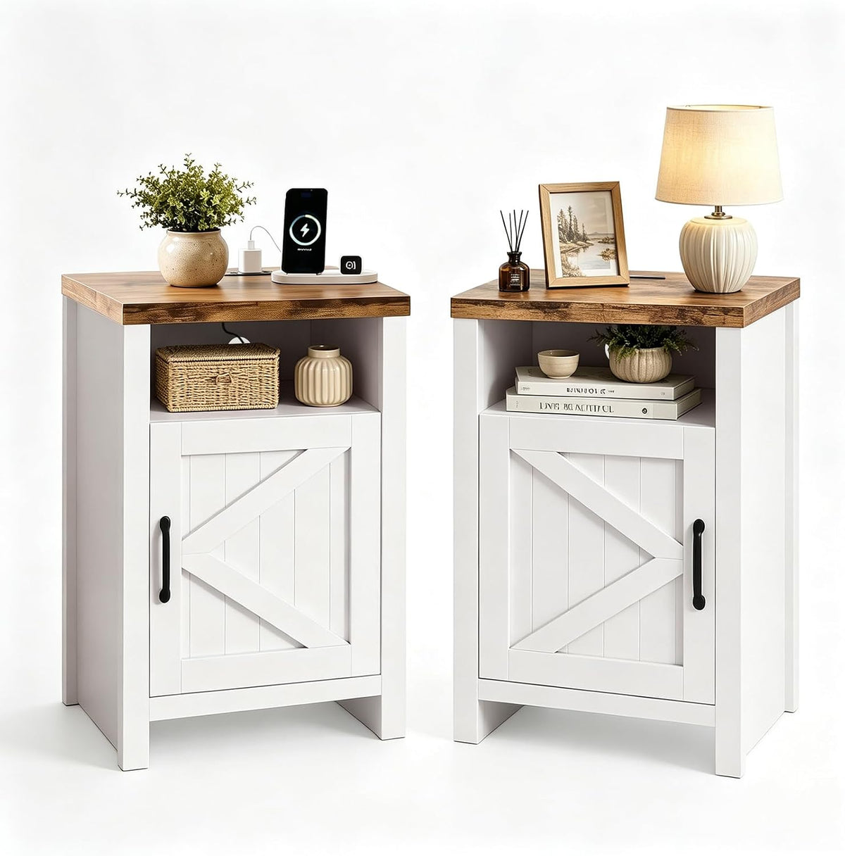 Farmhouse Nightstand with Charging Station, Couch Side Table Set of 2