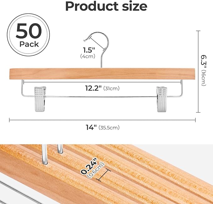 HOUSE DAY Premium Wooden Pants Hangers 50 Pack, Solid Lotus Wood Skirt Hangers - Image 2