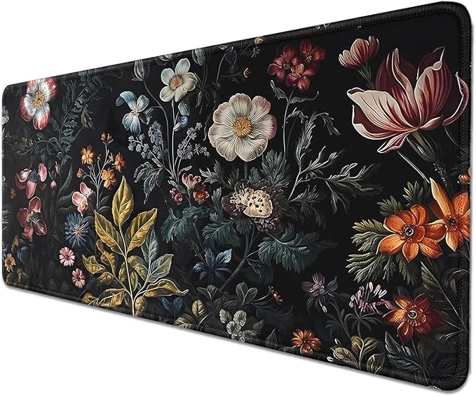 Vintage Aesthetic Mouse Pad, Extended Flower Plant Black Mousepad Desk Pad - Image 2