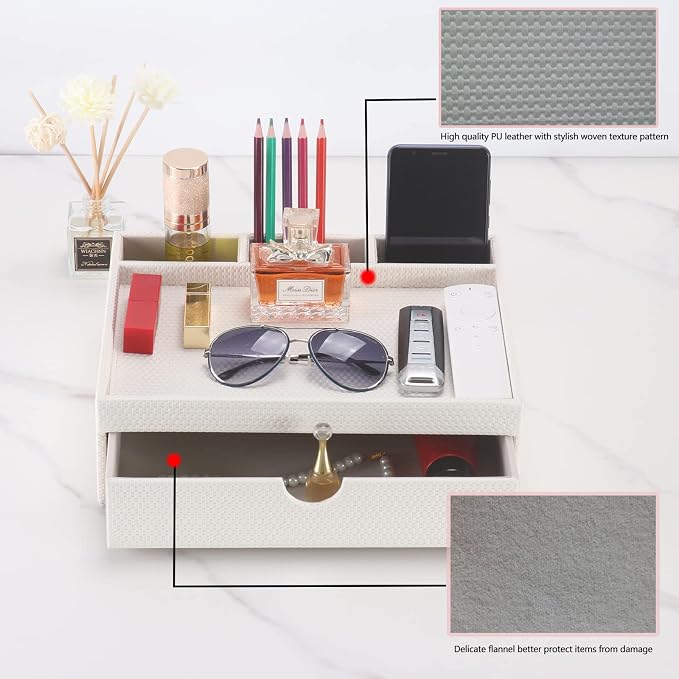Leather Desk Organizer With Drawers, Home Cosmetics & Phone Remote Organizer - Image 7
