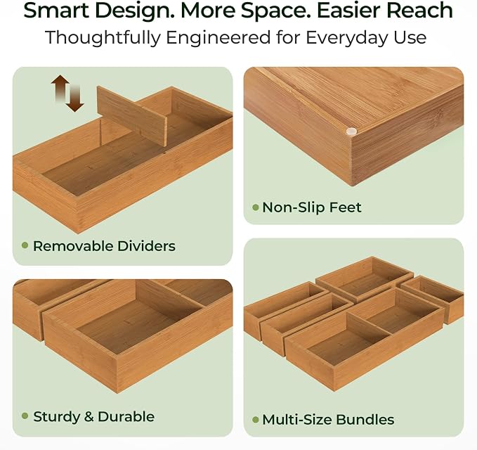 5-Piece Bamboo Drawer Organizer Set, 2.2" Deep Multi-Use Organizers - Image 8