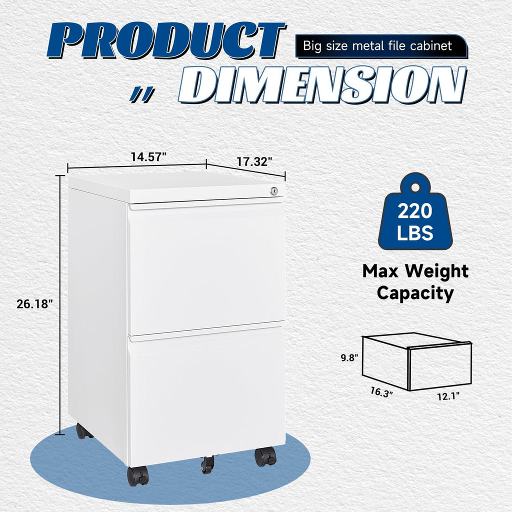 2 Drawers Vertical File Cabinet - Fully Assembled White Under Desk
