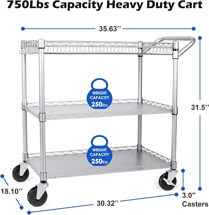 WDT Heavy Duty 3 Tier Utility Cart, Wire Rolling Carts - Image 4