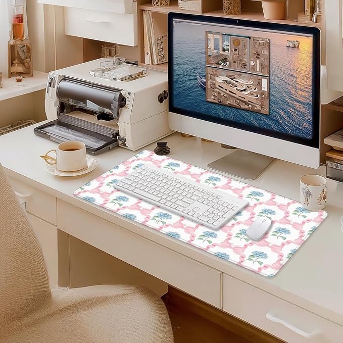 Blue Hydrangea Large Mouse Pad 31.5x15.7inch, Trendy Coquette Pink Bow Flower - Image 6