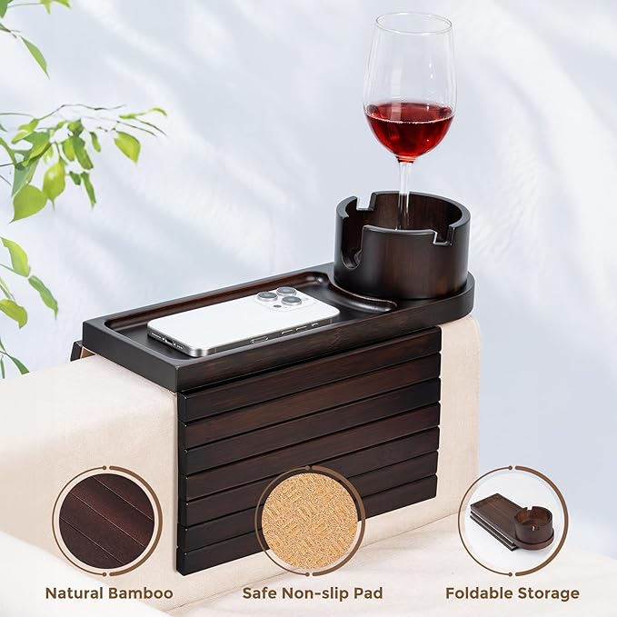 Couch Cup Holder for Thin Armrest Wider Than 4.9'', Bamboo Couch Arm Tray - Image 5
