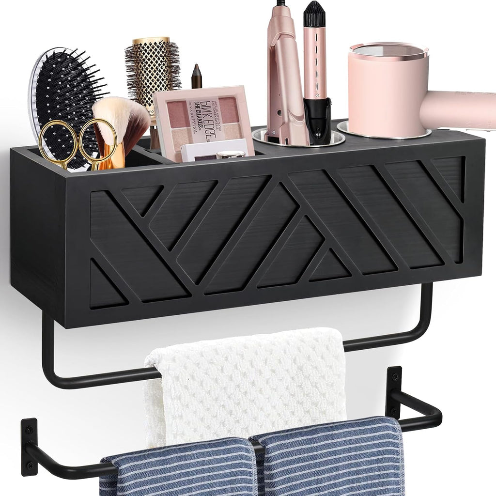 Hair Tool Organizer Wall Mount With 2 Towel Bars, Wood Hot Tools
