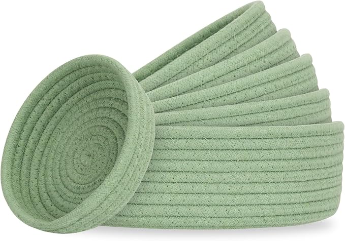 Small Shelf Storage Baskets for Organizing, 6 Pack Round Cotton Rope Bins by Cazzon