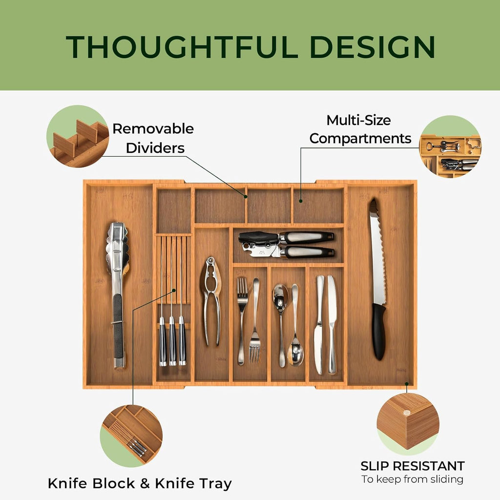 keechee Carbonized Large Bamboo Kitchen Drawer Organizer, 12 Slots
