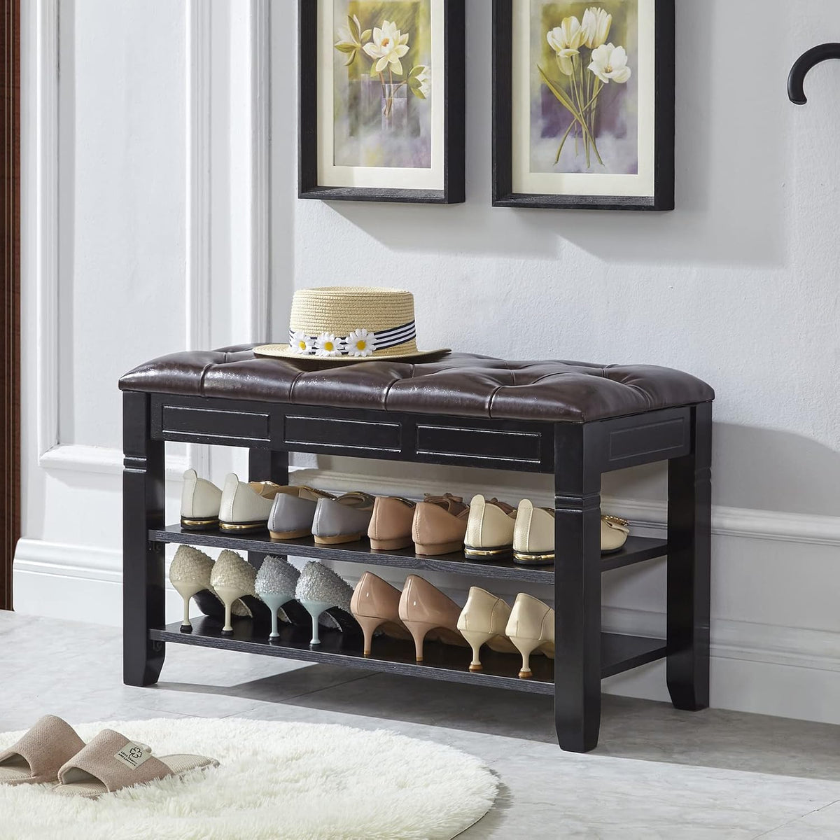 LEILISI Shoe Bench, Storage Rack Organizer with Cushion 2 Tier Lift